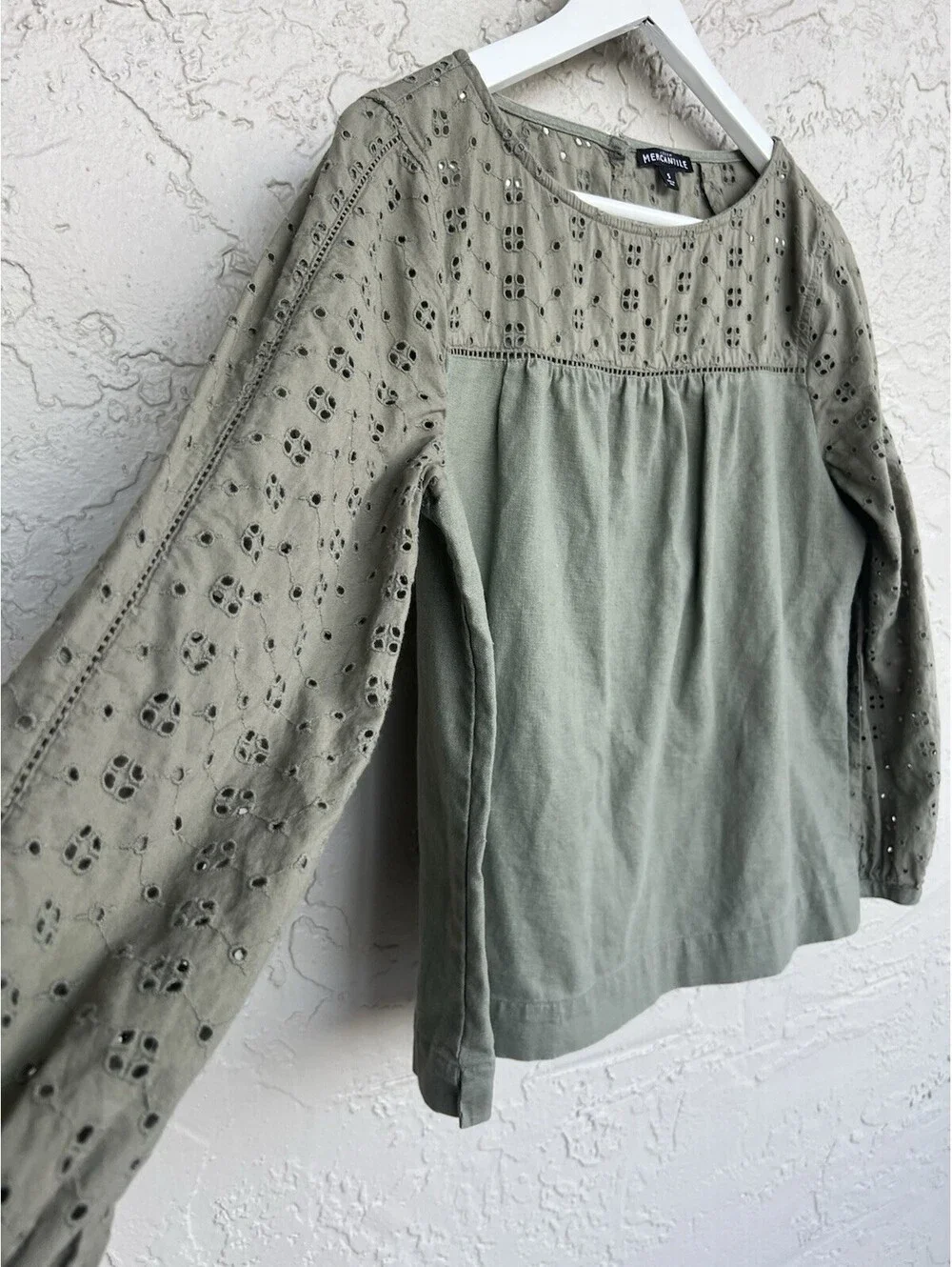 EUC! J.Crew Mercantile Olive Green Line Blend Eyelet Long Sleeves Shirt Women S